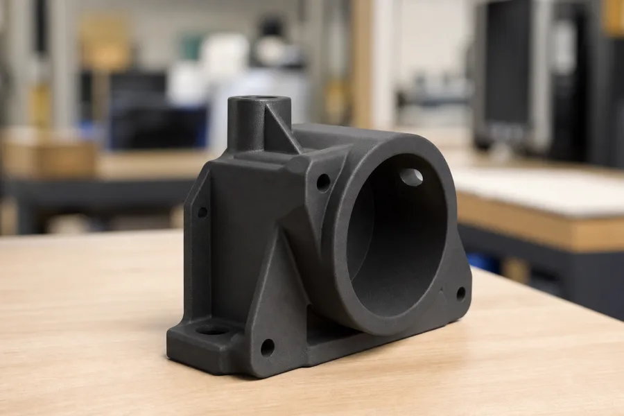 Corps de palier noir imprimé en 3D dans l'atelier Timelapse-3D, posé sur un établi