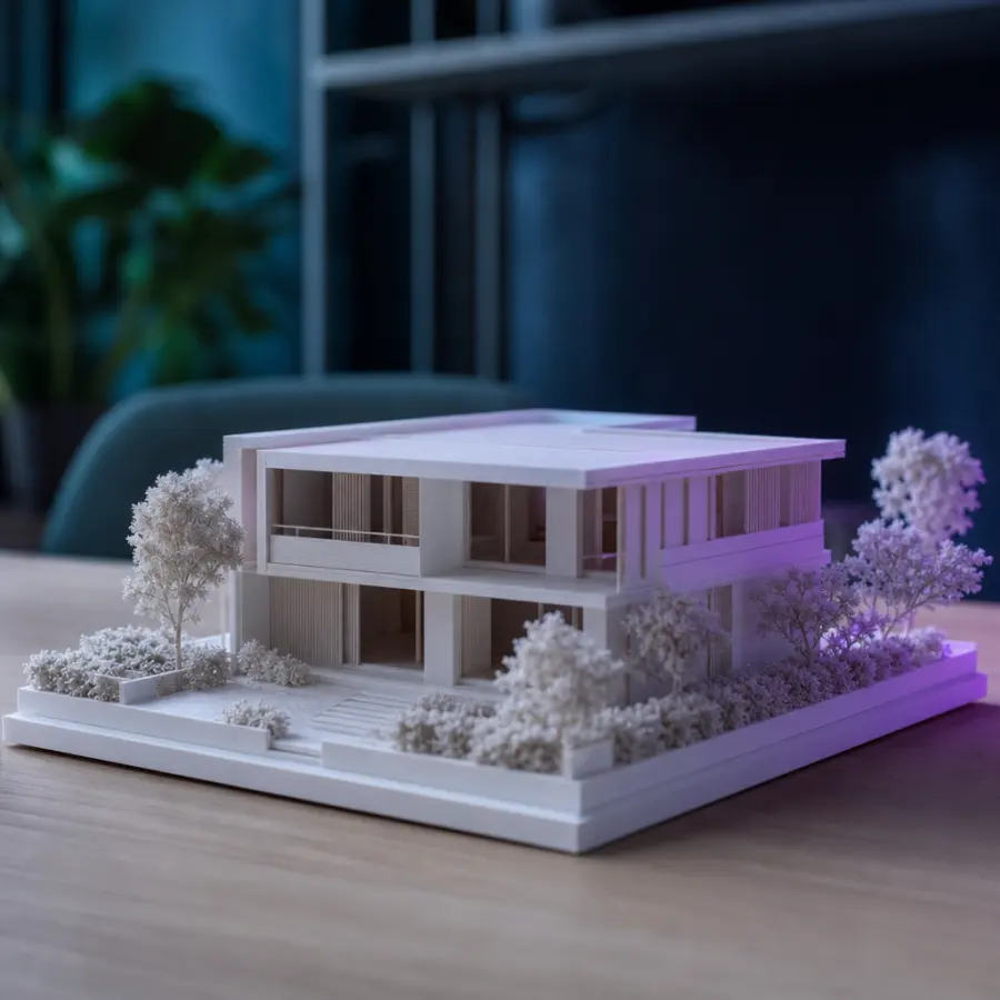 Maquette blanche d’une maison imprimée en 3D avec de petits arbres