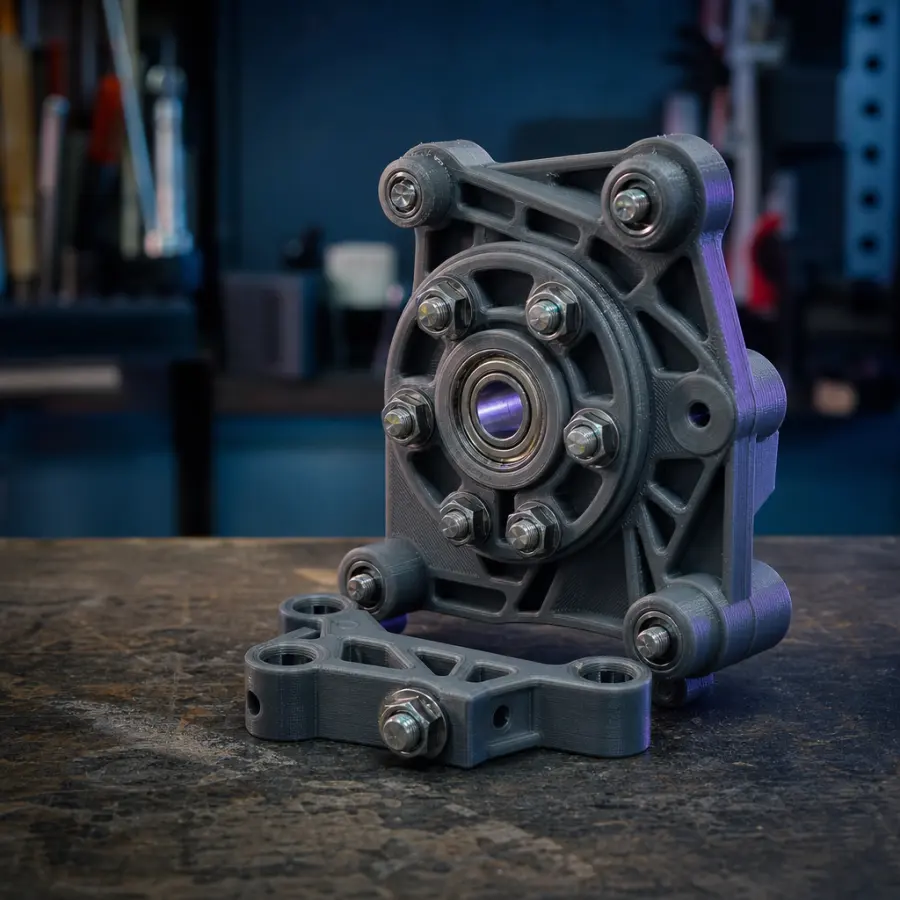 Pièce mécanique imprimée en 3D avec roulements et vis