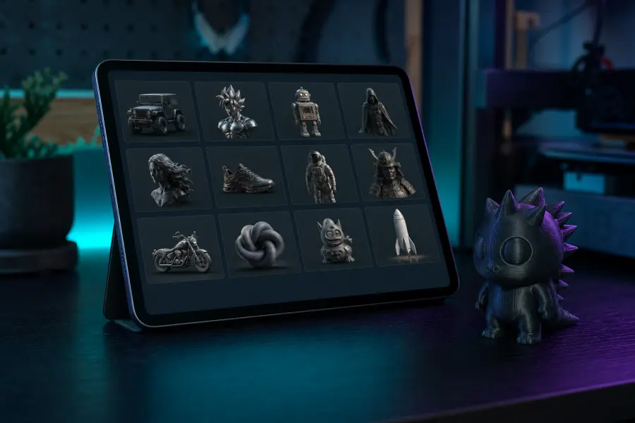 Tablette affichant une grille de modèles 3D