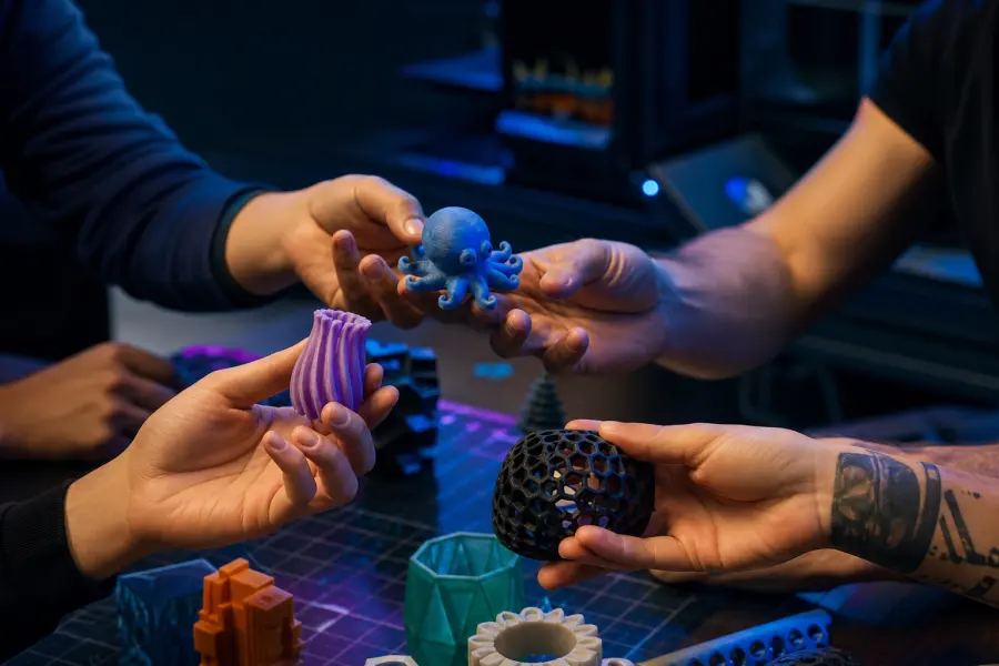 Mains de makers échangeant des objets imprimés en 3D