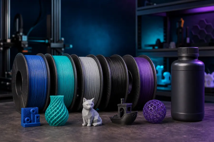 Bobines de filament et flacon de résine devant des échantillons imprimés