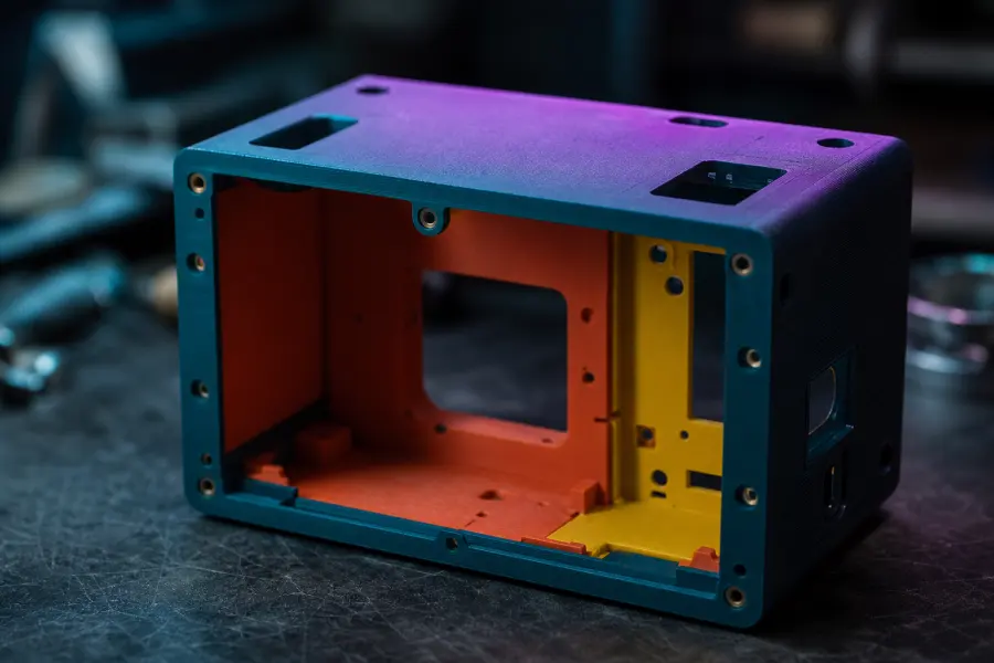Boîtier technique imprimé en plusieurs couleurs avec des trous percés