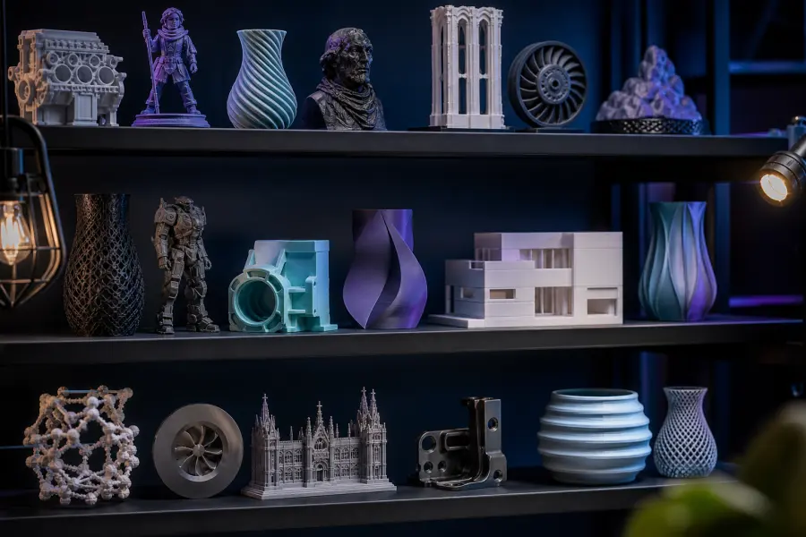 Étagères d’objets imprimés en 3D : figurines, pièces, vases, maquettes