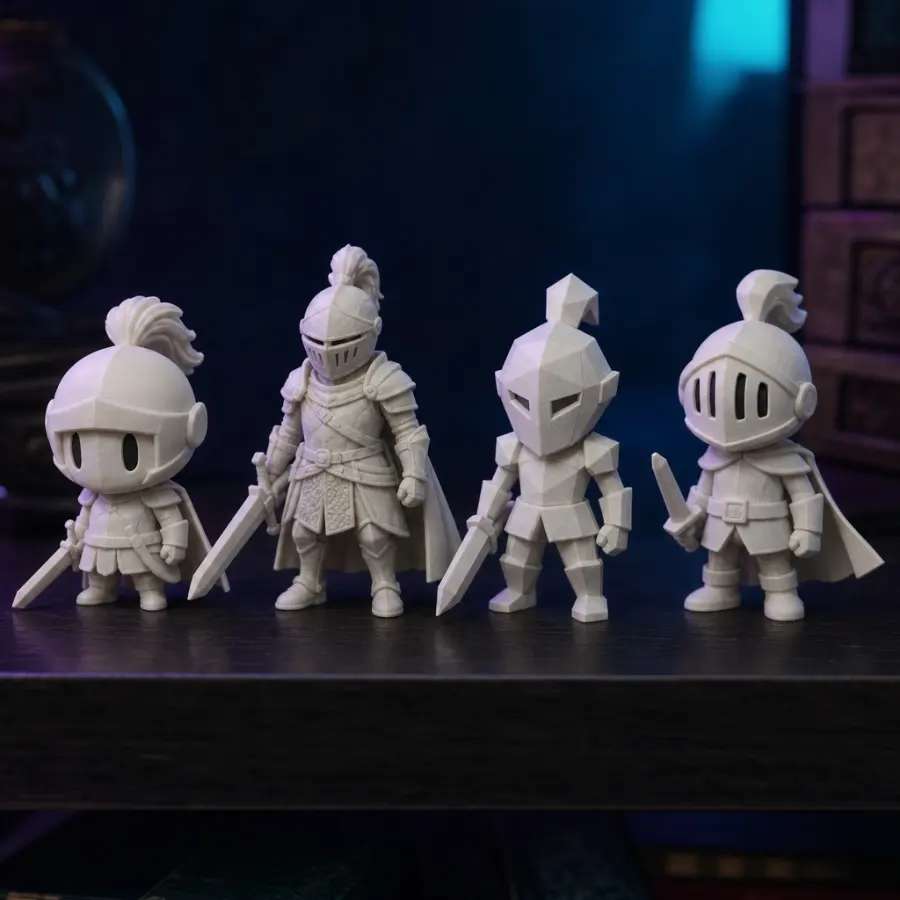 Quatre figurines d’un même chevalier dans des styles différents