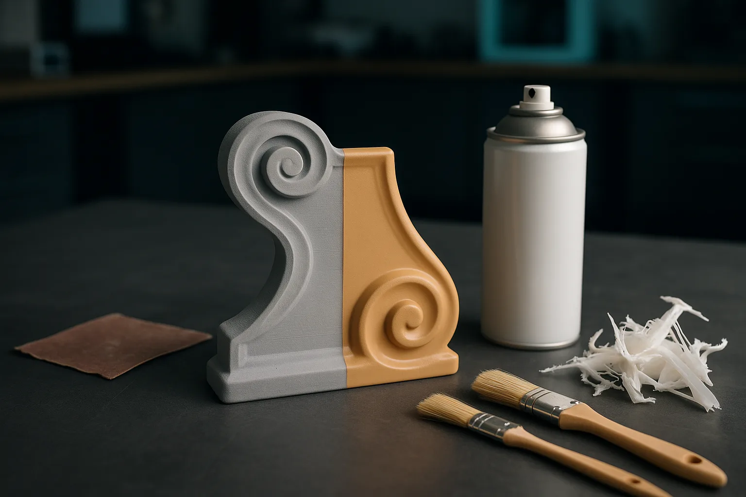 Dekoratives 3D-gedrucktes Teil, halb grau grundiert und halb lackiert, mit Schleifpapier, Grundierspray, Pinseln und entfernten Stützen