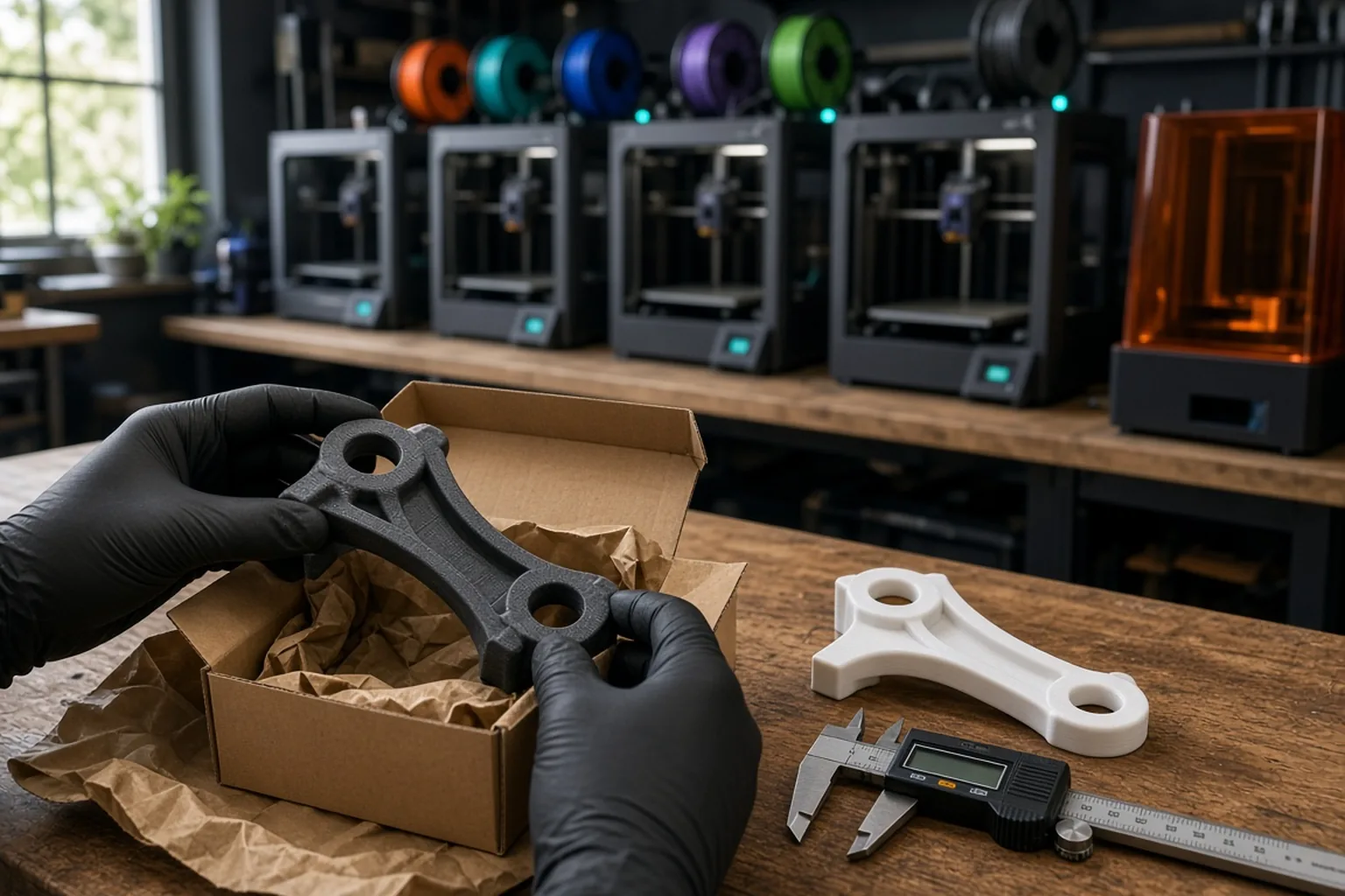 Pièce technique imprimée en 3D emballée dans un carton d'expédition sur l'établi d'un atelier, devant une rangée d'imprimantes 3D en fonctionnement