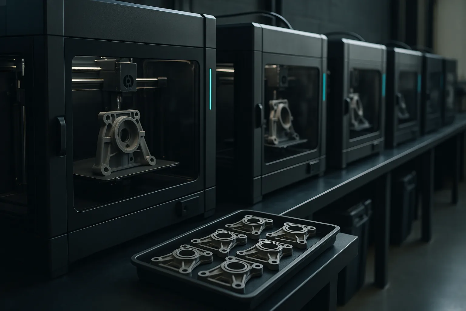 Reihe professioneller 3D-Drucker, die identische technische Teile fertigen, mit einem Tablett fertiger Teile