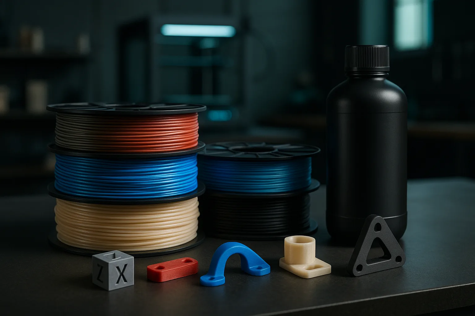 Filamentspulen in mehreren Farben und eine Harzflasche mit kleinen 3D-gedruckten Teilen aus verschiedenen Materialien