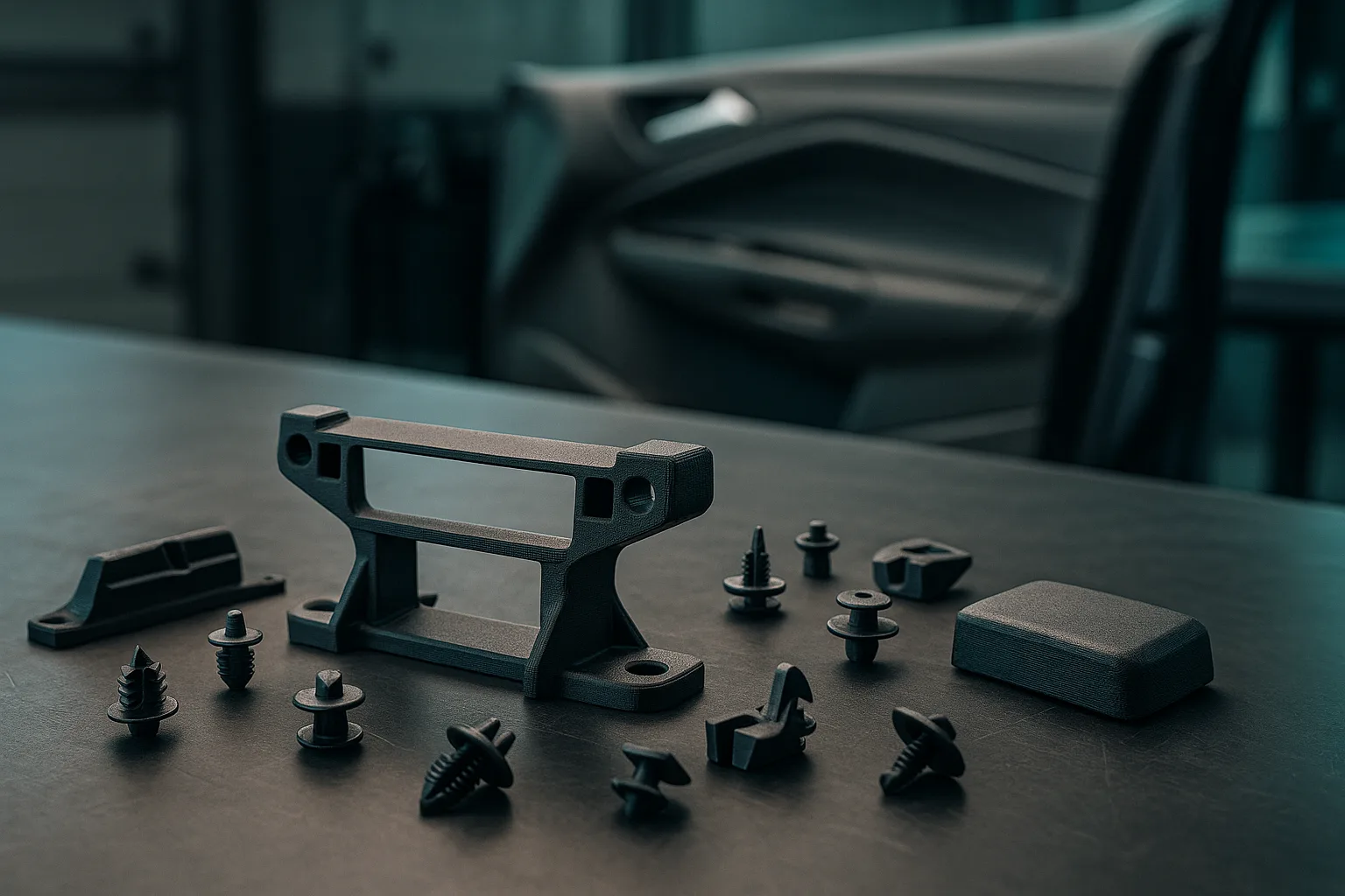 3D-gedruckte Verkleidungsclips, Halter und Abdeckung für einen Fahrzeuginnenraum, vor einer Türverkleidung