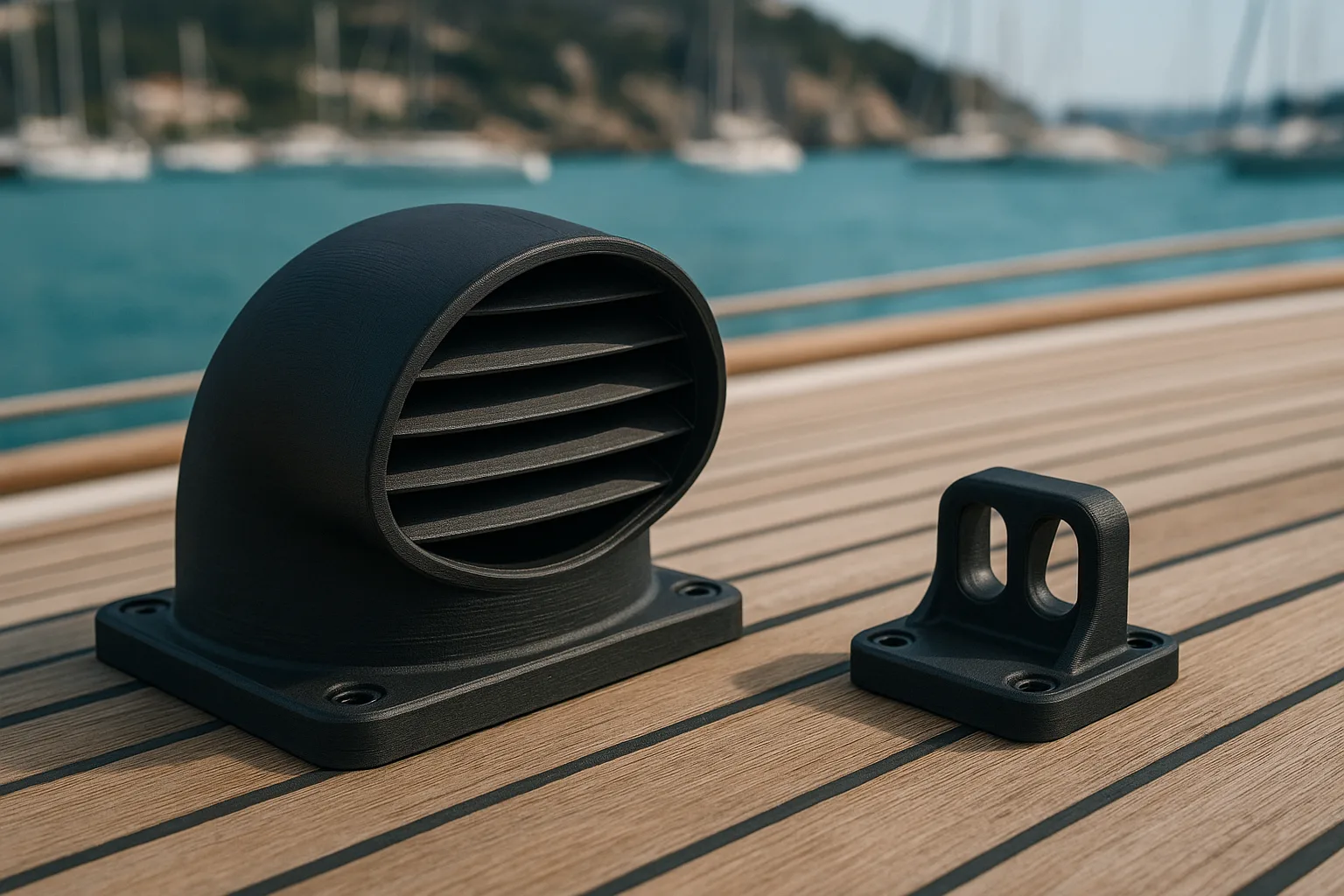 Schwarzer 3D-gedruckter Lüfter und Halter auf dem Teakdeck eines Segelboots im Hafen