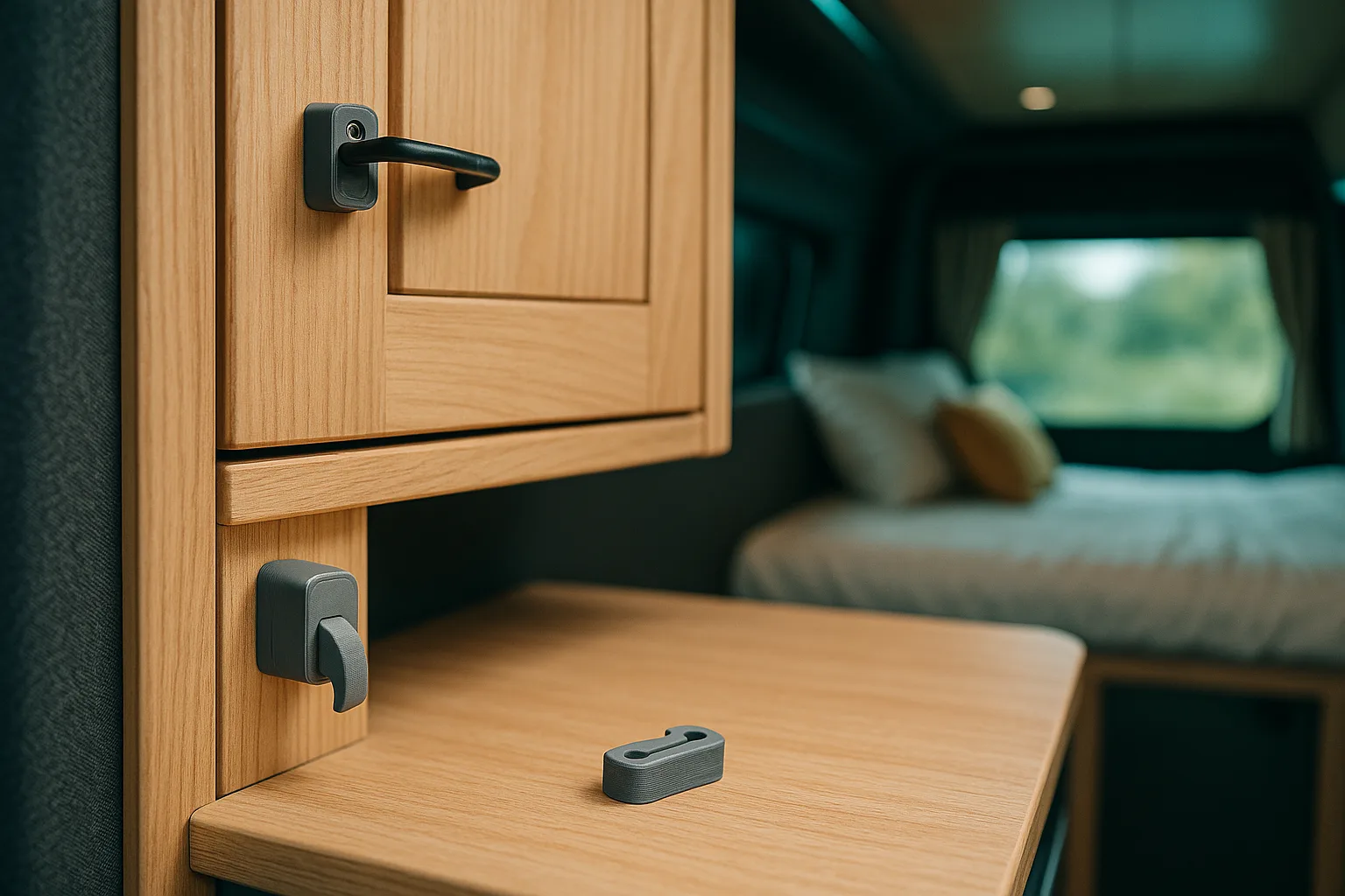 Maniglia e chiusure da armadietto stampate in 3D montate sui mobili in legno di un camper, con una chiusura di ricambio