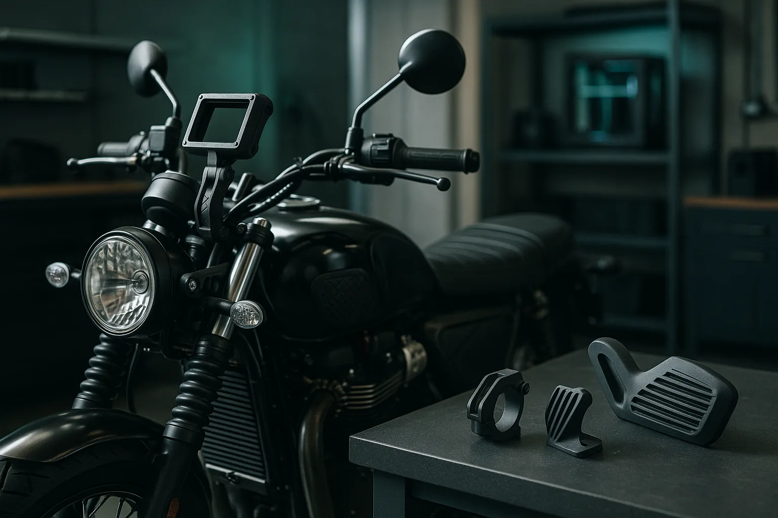 Motorrad in einer Werkstatt mit 3D-gedruckter GPS-Halterung am Lenker und gedrucktem Zubehör auf der Werkbank