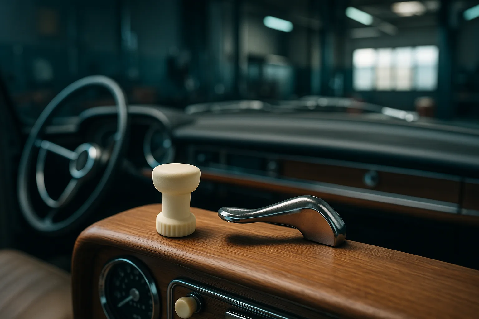 Classic car knob and handle reproduced by 3D printing, resting on the wooden dashboard of a collector car