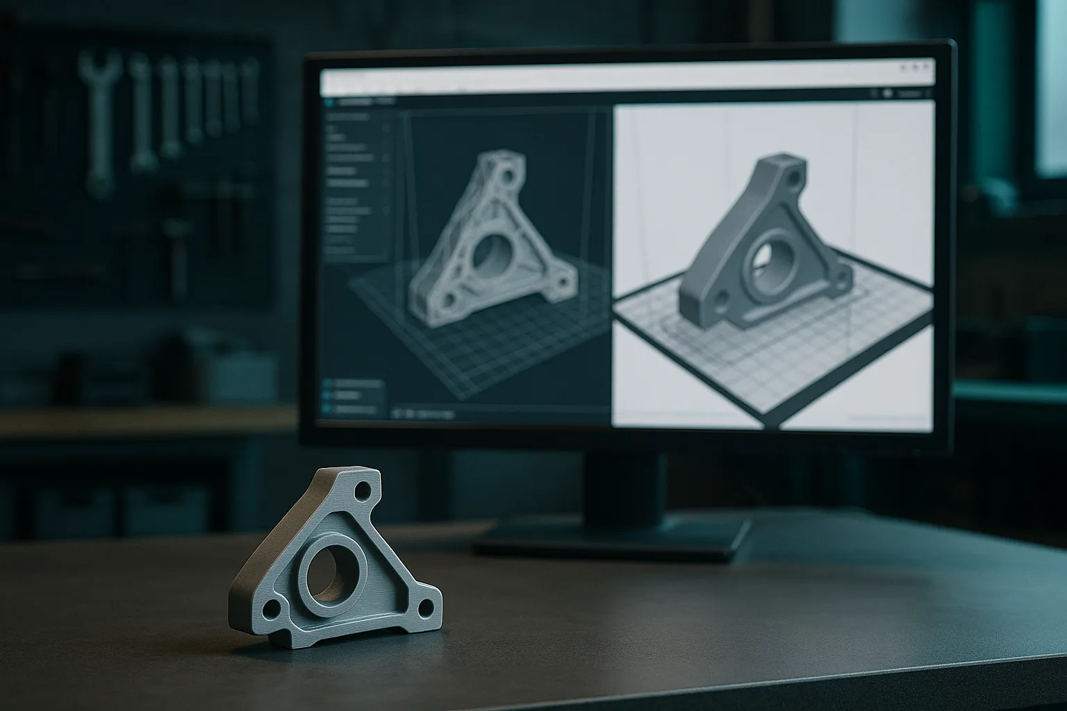 Monitor showing a technical part in slicing software, with the same 3D printed part in front of it