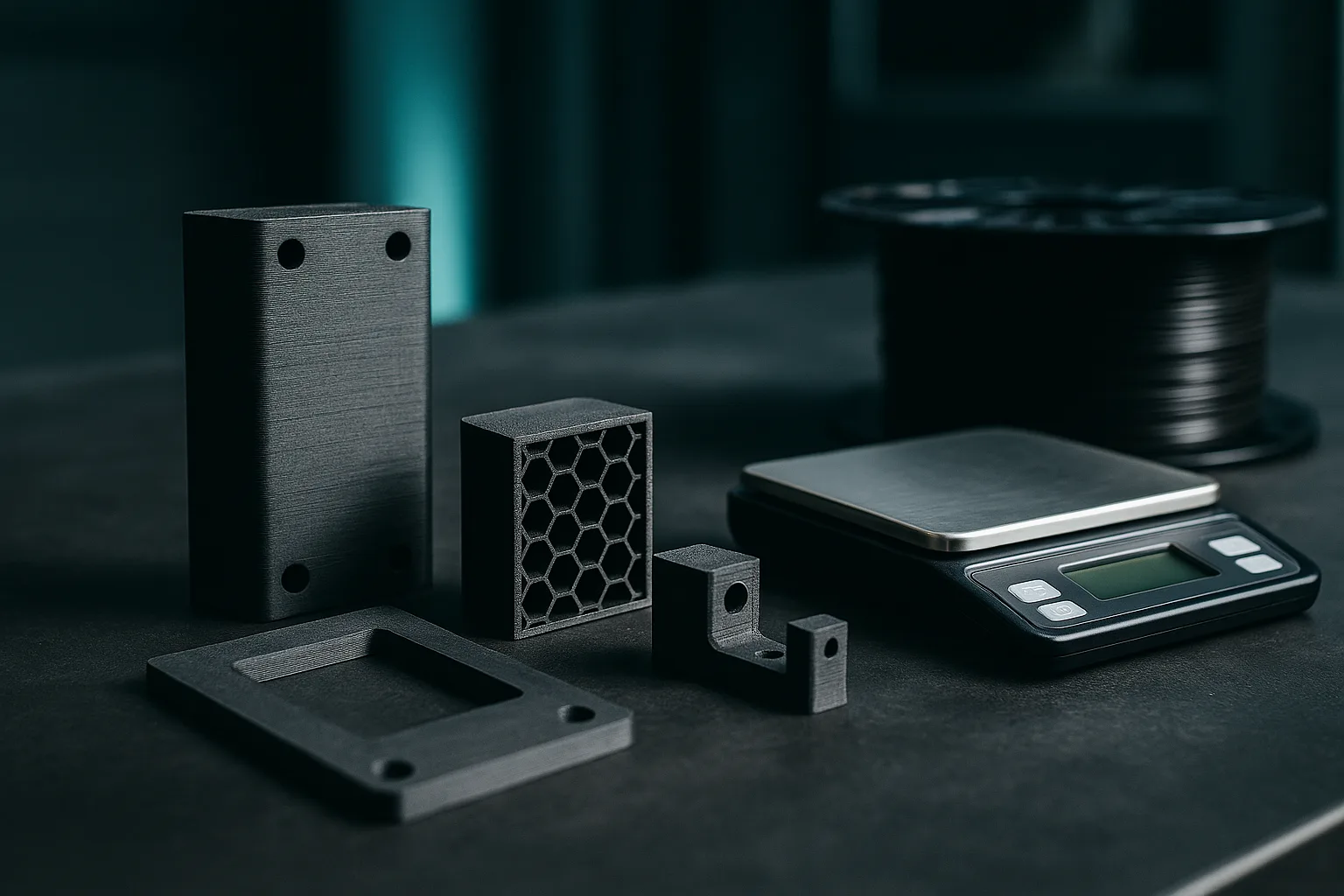 3D printed parts of different sizes, one cut open to show its honeycomb infill, next to a scale and a filament spool