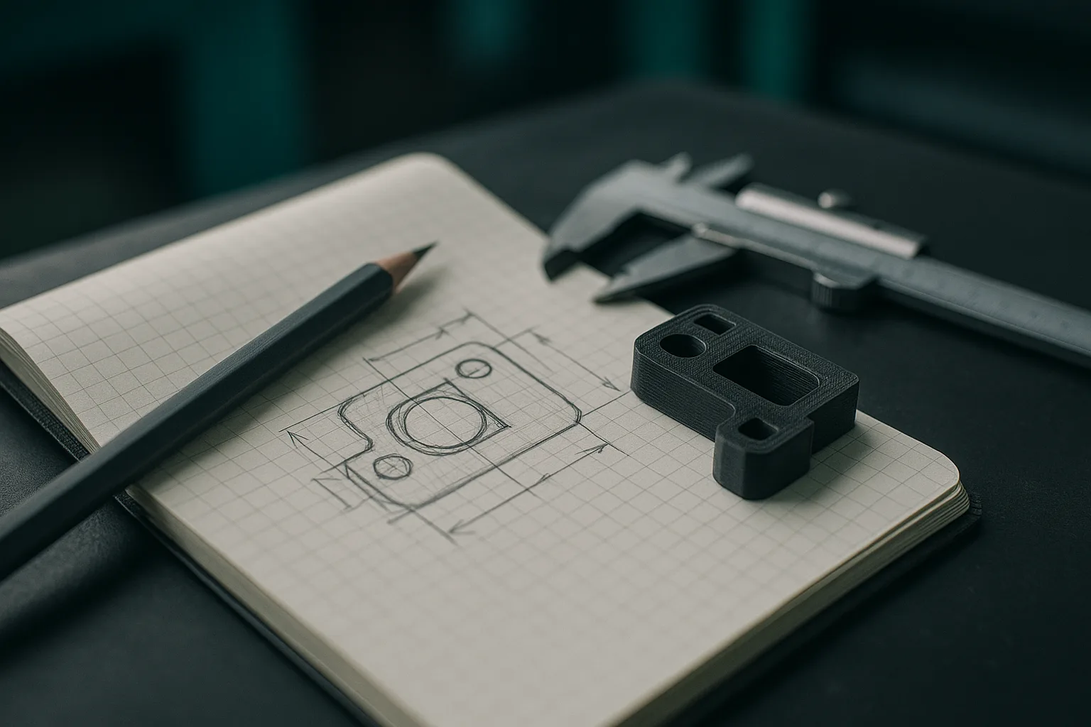 Bemaßte Skizze eines Bauteils in einem Notizbuch, mit Bleistift, Messschieber und dem passenden 3D-gedruckten Teil
